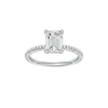 Emerald-cut diamond engagement ring with a pavé-set diamond band and solitaire setting.