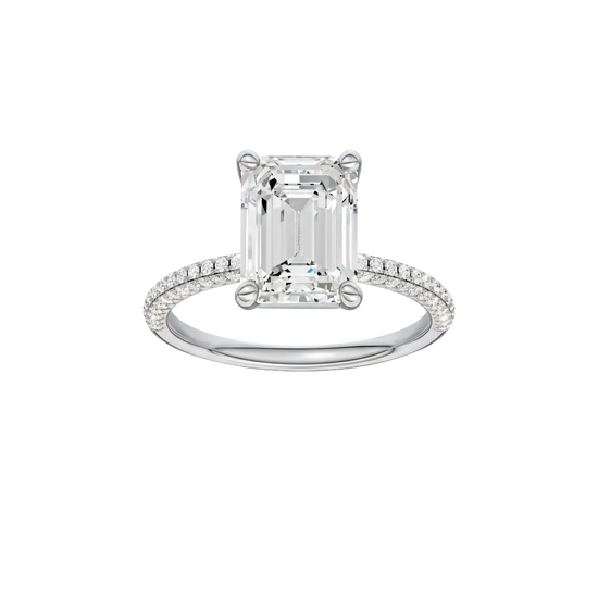 Emerald-cut diamond engagement ring with a pavé-set diamond band and solitaire setting.