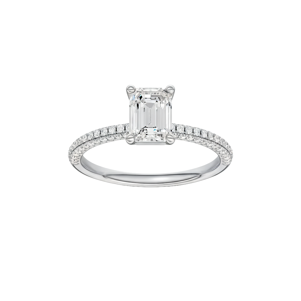 Emerald-cut diamond engagement ring with a pavé-set diamond band and solitaire setting.