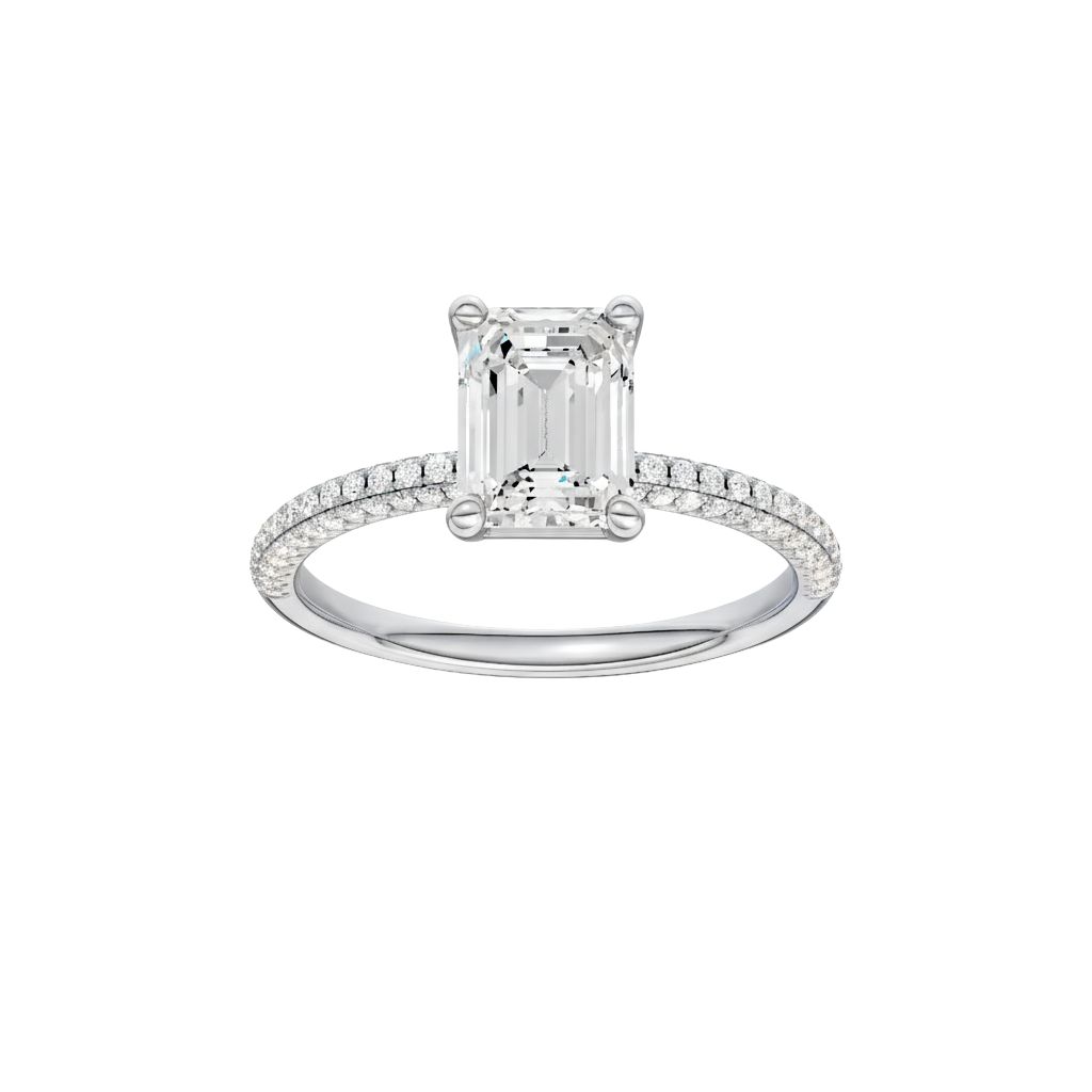 Emerald-cut diamond engagement ring with a pavé-set diamond band and solitaire setting.