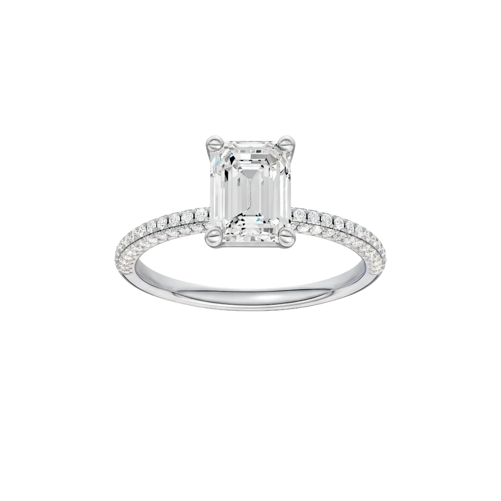 Emerald-cut diamond engagement ring with a pavé-set diamond band and solitaire setting.