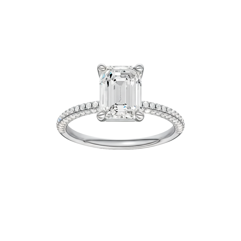 Emerald-cut diamond engagement ring with a pavé-set diamond band and solitaire setting.