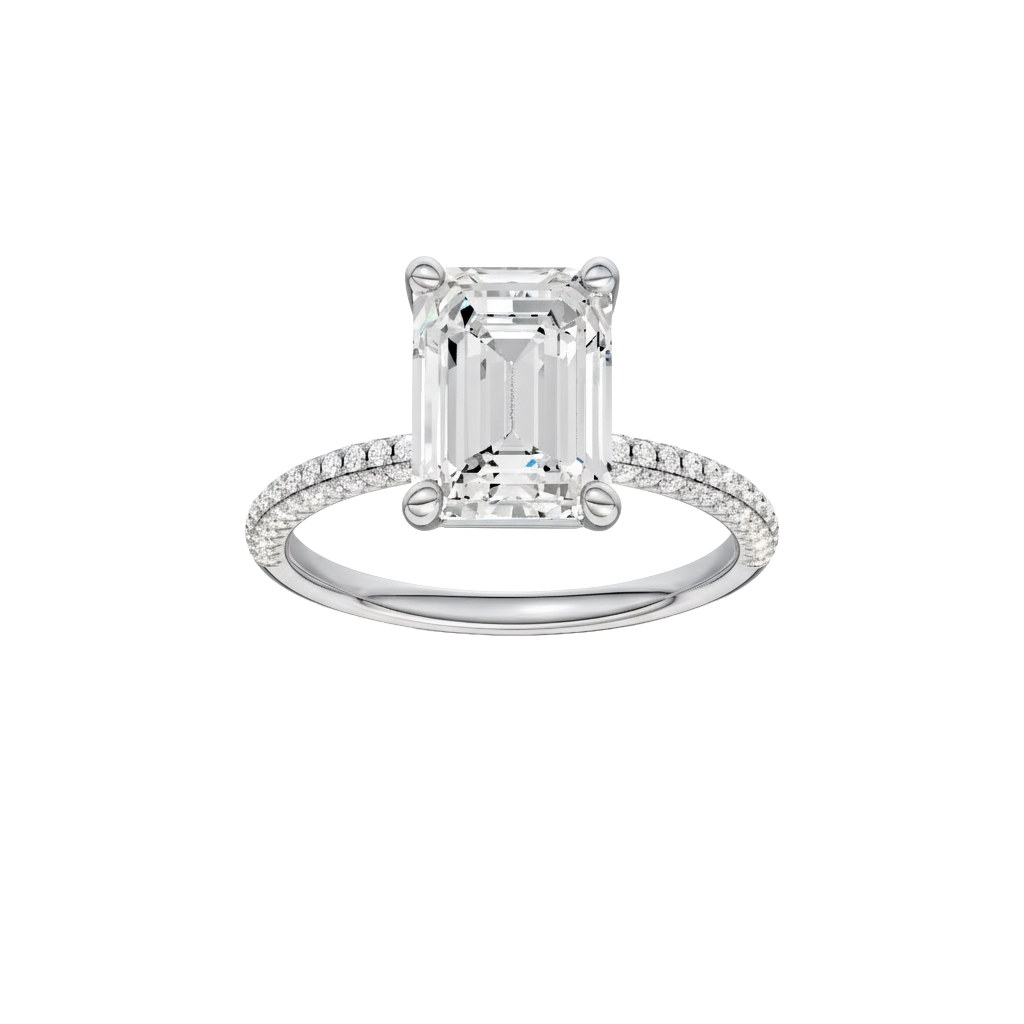 Emerald-cut diamond engagement ring with a pavé-set diamond band and solitaire setting.
