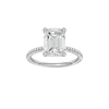 Emerald-cut diamond engagement ring with a pavé-set diamond band and solitaire setting.