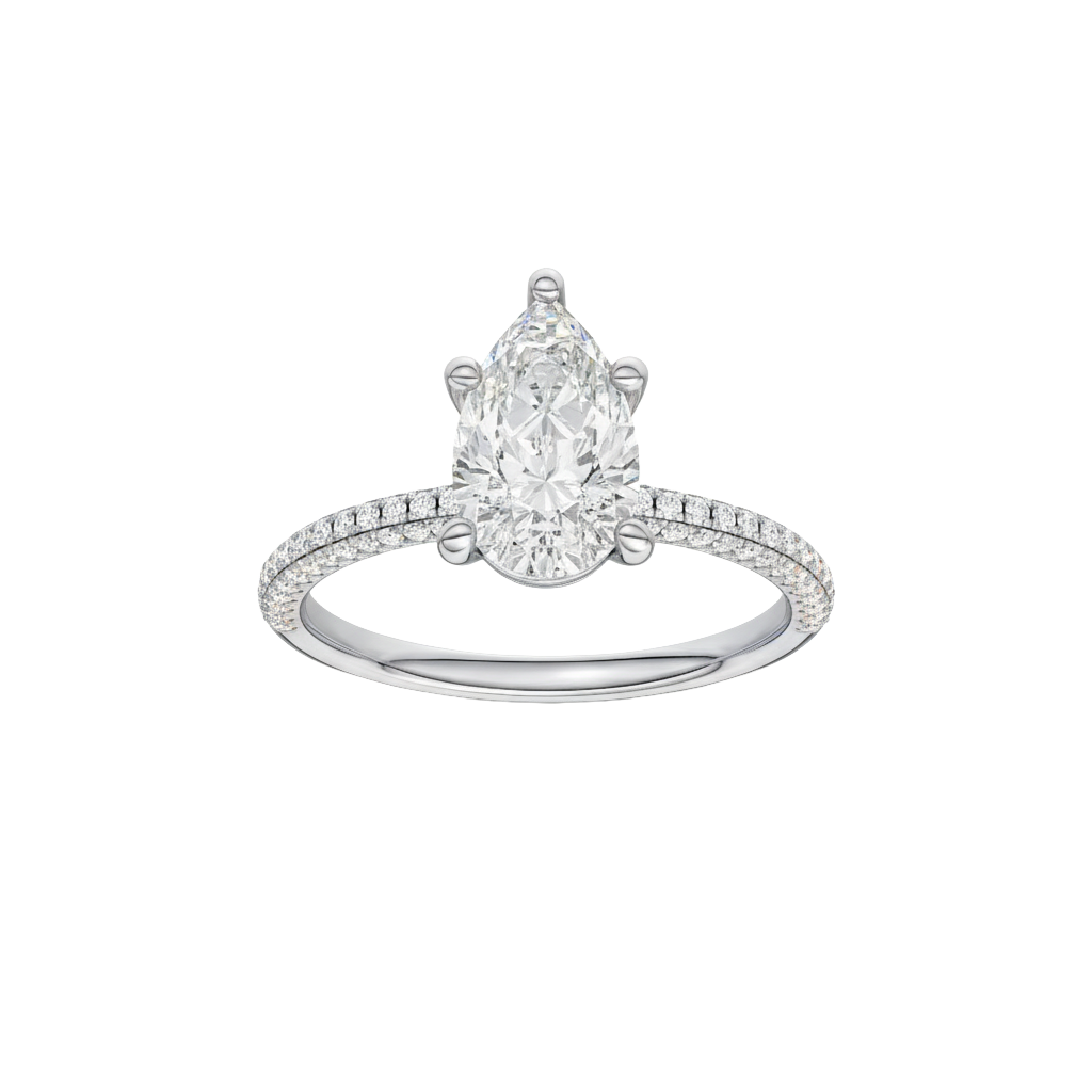 Pear-cut diamond engagement ring with a pavé-set diamond band and solitaire setting.