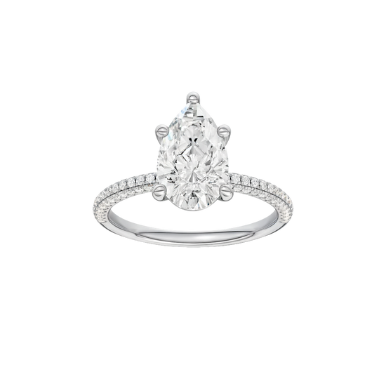 Pear-cut diamond engagement ring with a pavé-set diamond band and solitaire setting.