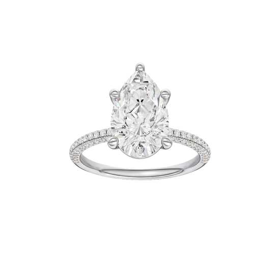 Pear-cut diamond engagement ring with a pavé-set diamond band and solitaire setting.