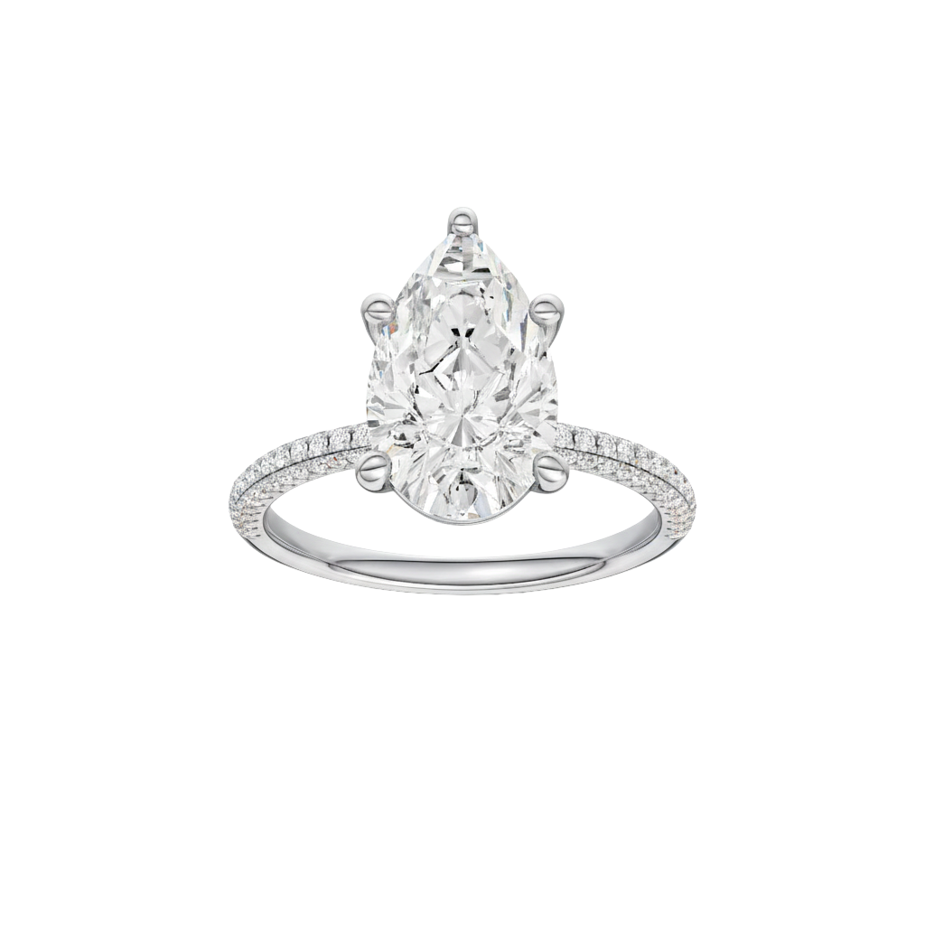 Pear-cut diamond engagement ring with a pavé-set diamond band and solitaire setting.