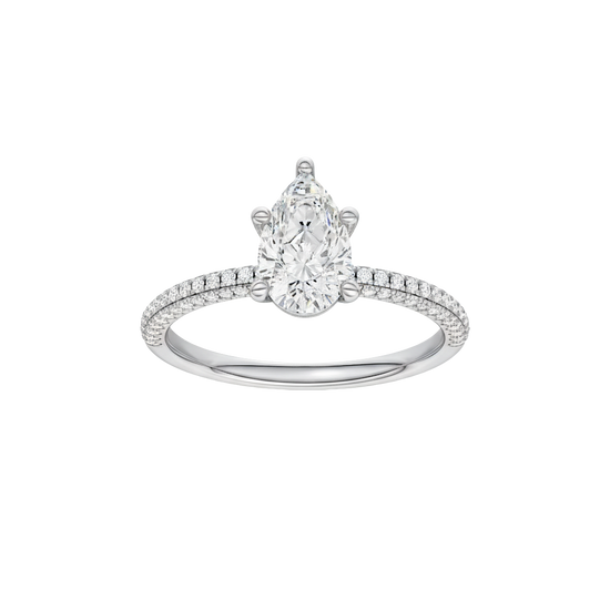 Pear-cut diamond engagement ring with a pavé-set diamond band and solitaire setting.