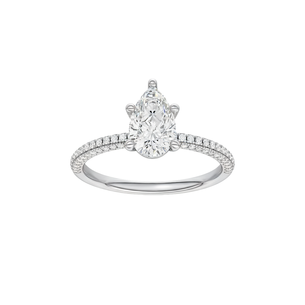 Pear-cut diamond engagement ring with a pavé-set diamond band and solitaire setting.
