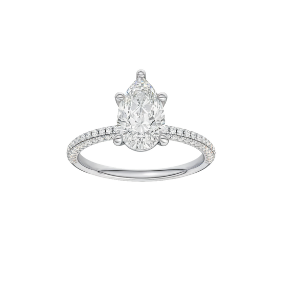 Pear-cut diamond engagement ring with a pavé-set diamond band and solitaire setting.