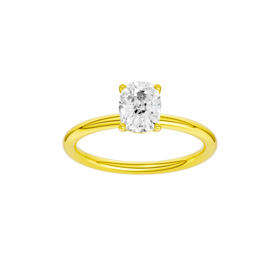 Elongated cushion-cut diamond solitaire engagement ring in 14k yellow gold with a plain band