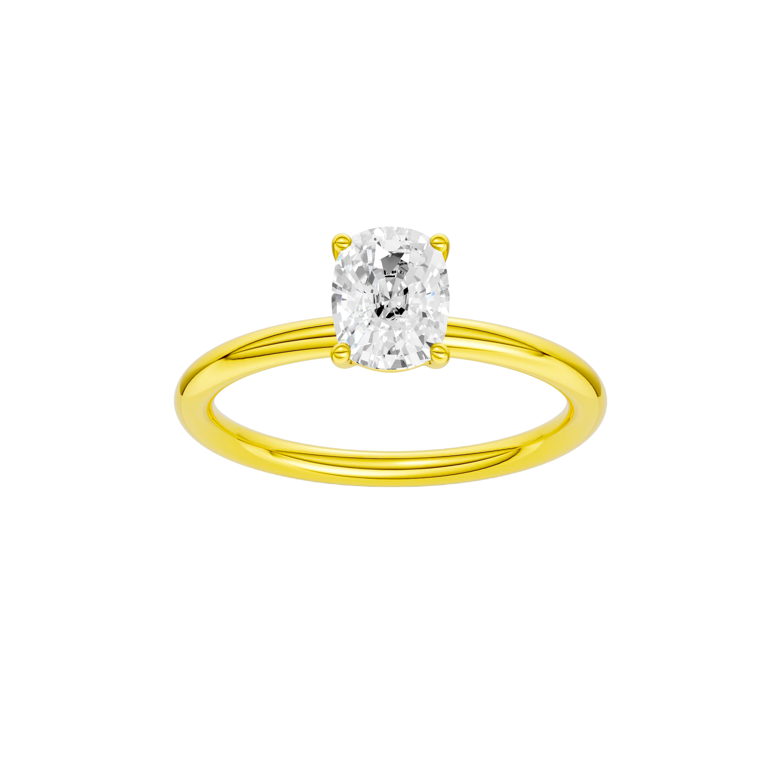 Elongated cushion-cut diamond solitaire engagement ring in 14k yellow gold with a plain band