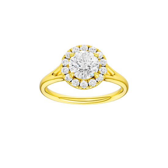 Round-cut diamond engagement ring with a plain band and halo setting.