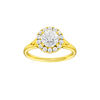 Round-cut diamond engagement ring with a plain band and halo setting.