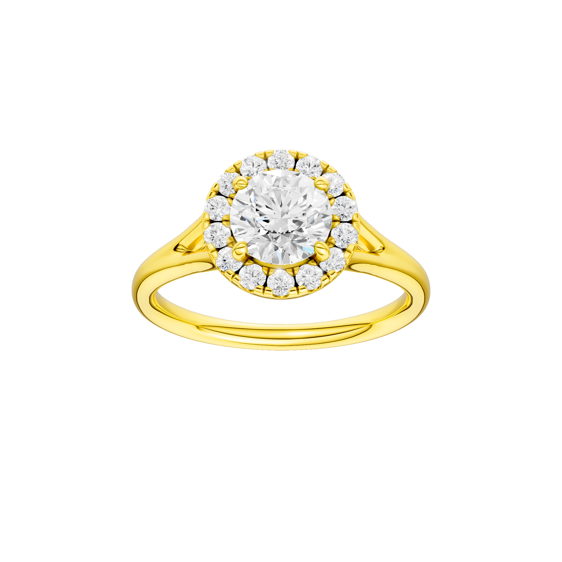 Round-cut diamond engagement ring with a plain band and halo setting.