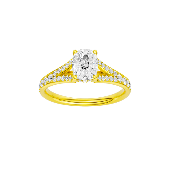 Elongated cushion-cut diamond engagement ring with a channel-set diamond band and hidden-halo setting.