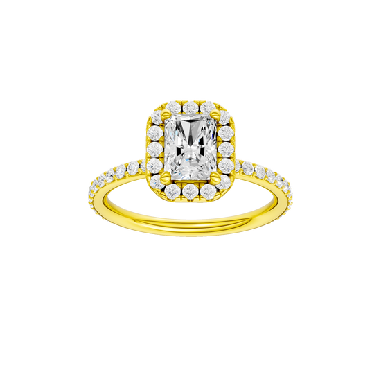 Radiant-cut diamond engagement ring with a prong-set diamond band and halo setting.