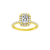 Radiant-cut diamond engagement ring with a prong-set diamond band and halo setting.