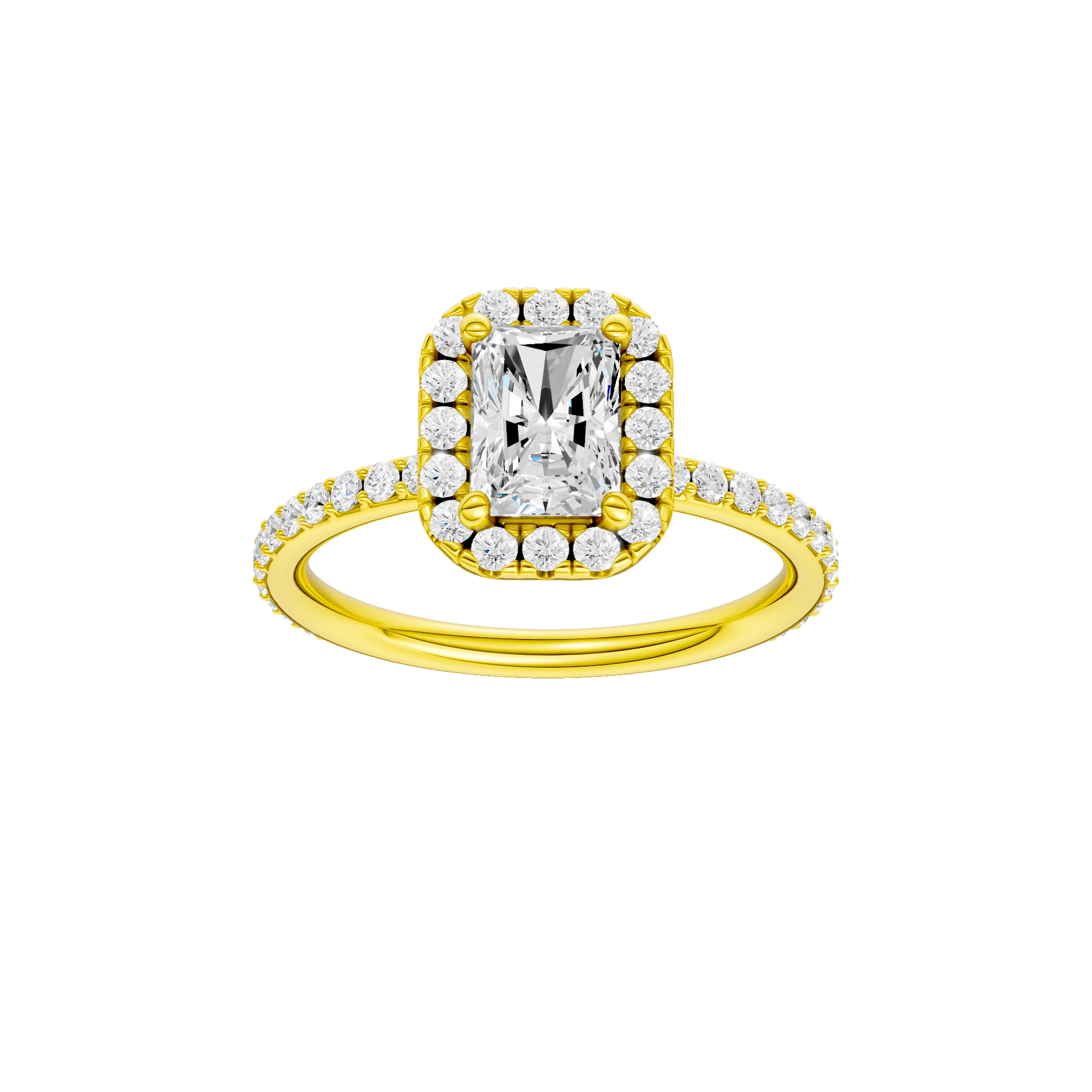 Radiant-cut diamond engagement ring with a prong-set diamond band and halo setting.