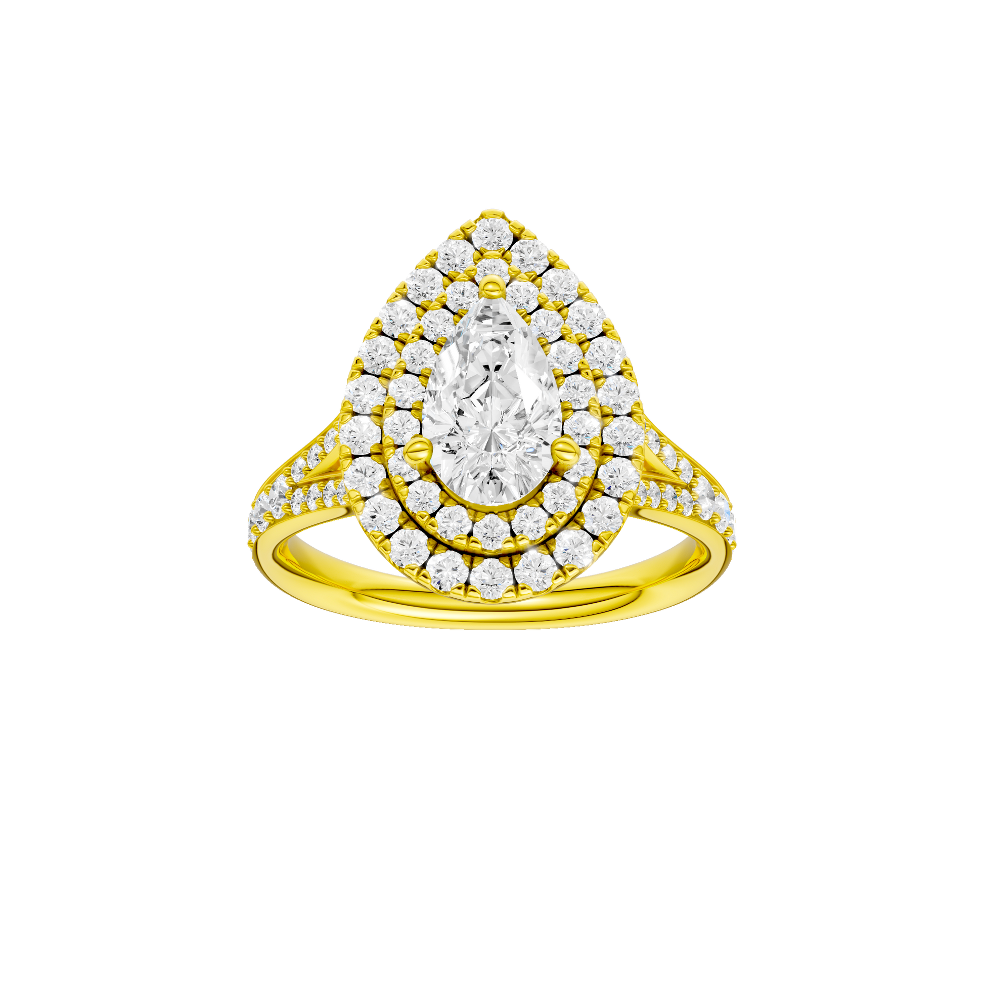 Pear-cut diamond engagement ring with a channel-set diamond band and double-halo setting.