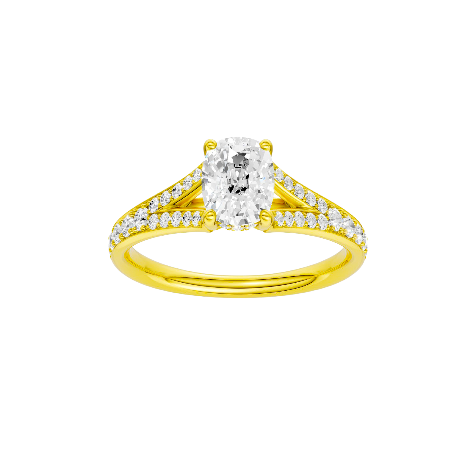 Elongated cushion-cut diamond engagement ring with a channel-set diamond band and hidden-halo setting.