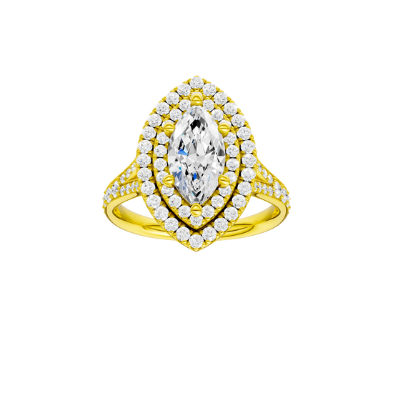 Marquise-cut diamond engagement ring with a channel-set diamond band and double-halo setting.
