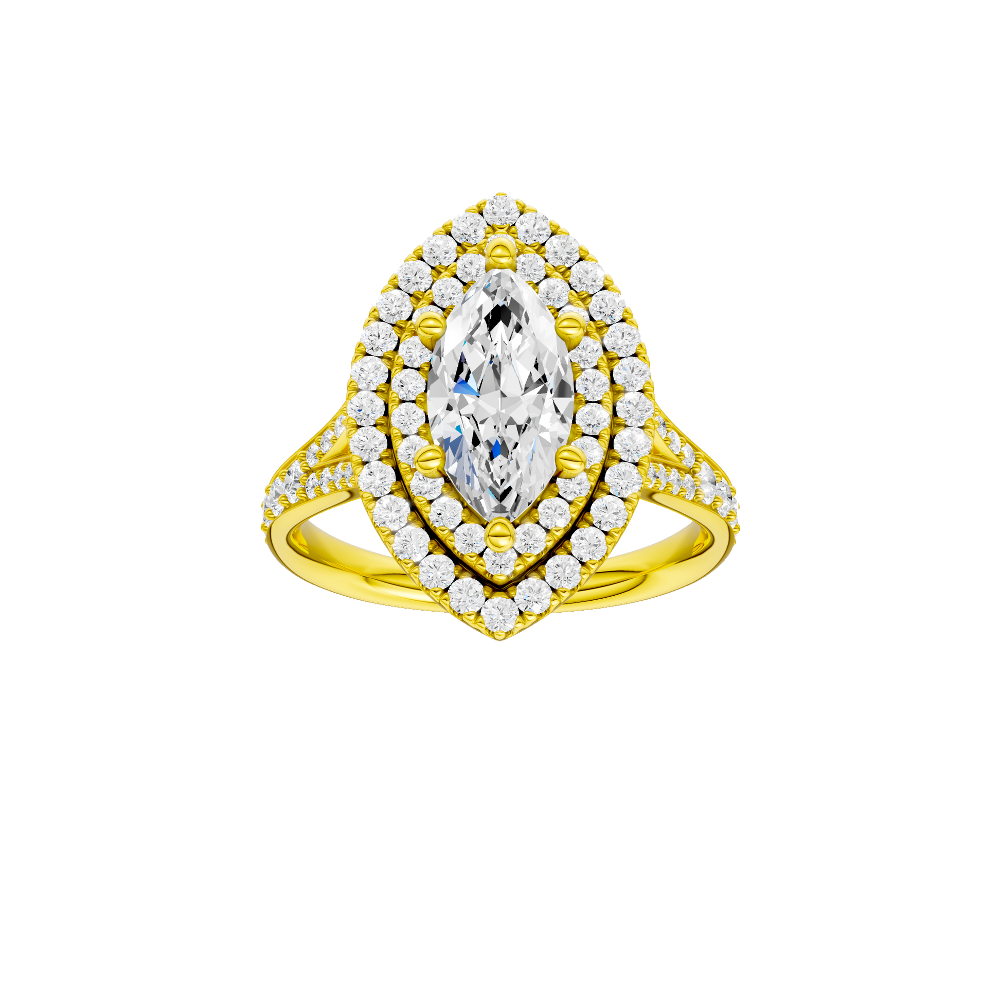 Marquise-cut diamond engagement ring with a channel-set diamond band and double-halo setting.