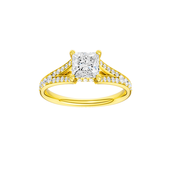 Princess-cut diamond engagement ring with a channel-set diamond band and hidden-halo setting.