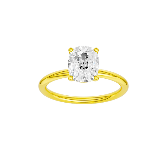 Elongated cushion-cut diamond solitaire engagement ring in 14k yellow gold with a plain band