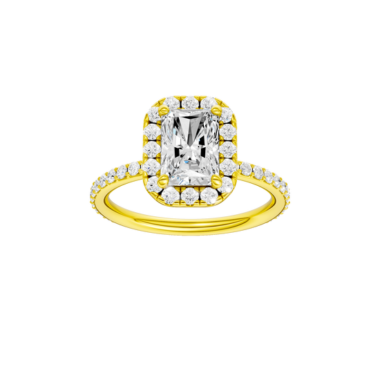 Radiant-cut diamond engagement ring with a prong-set diamond band and halo setting.