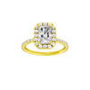Radiant-cut diamond engagement ring with a prong-set diamond band and halo setting.