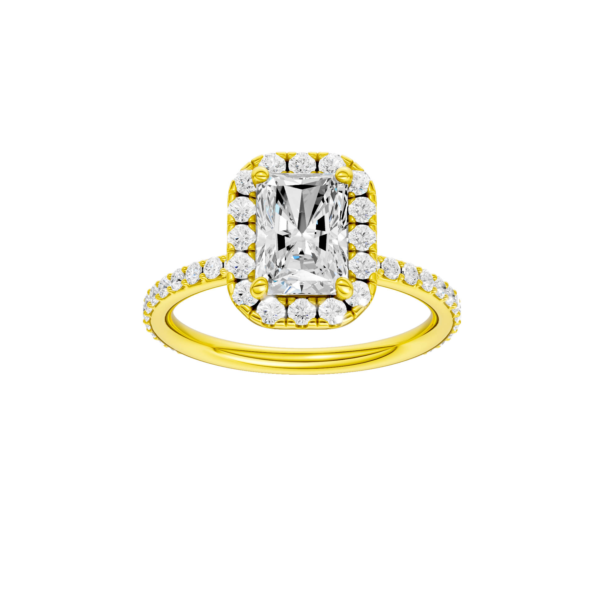 Radiant-cut diamond engagement ring with a prong-set diamond band and halo setting.