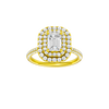 Emerald-cut diamond engagement ring with a pavé-set diamond band and double-halo setting.