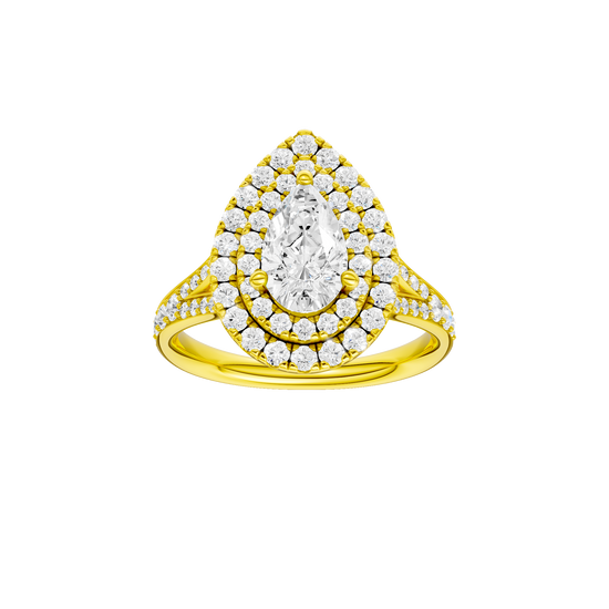 Pear-cut diamond engagement ring with a channel-set diamond band and double-halo setting.