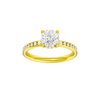 Round-cut diamond engagement ring with a channel-set diamond band and hidden-halo setting.