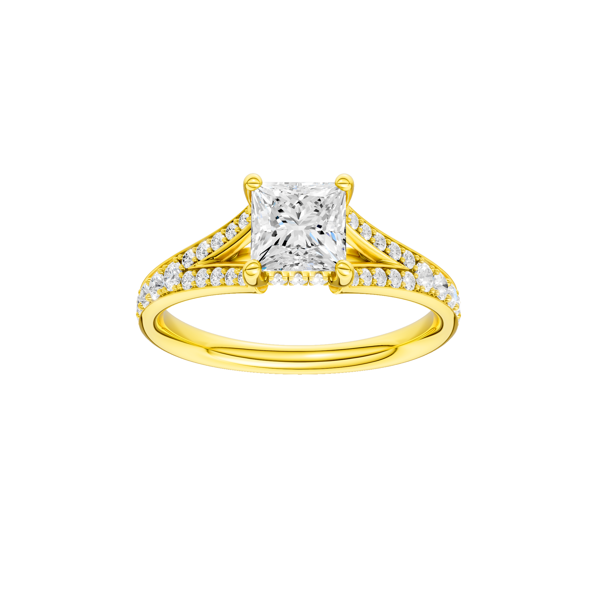 Princess-cut diamond engagement ring with a channel-set diamond band and hidden-halo setting.