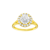 Round-cut diamond engagement ring with a plain band and halo setting.