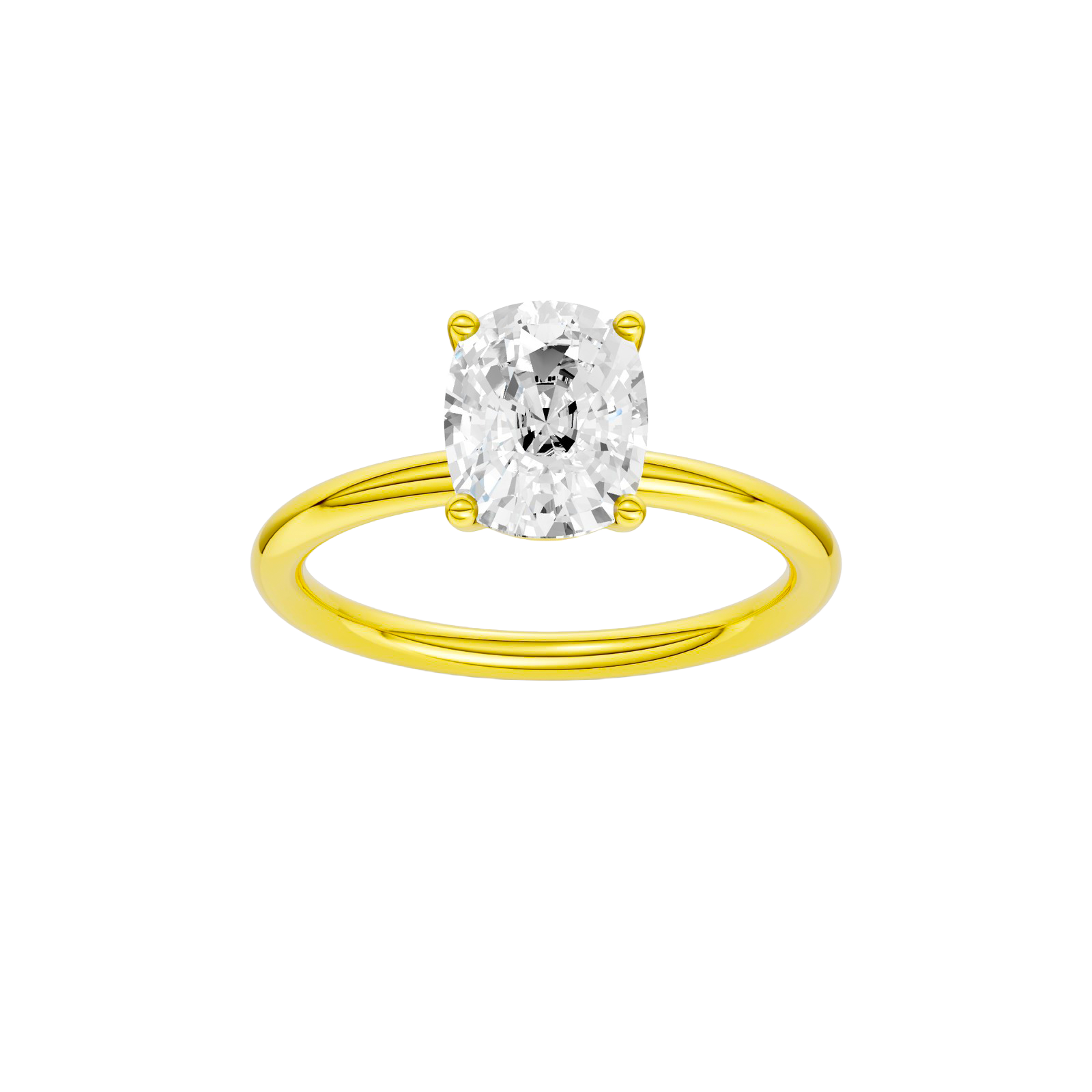 Elongated cushion-cut diamond solitaire engagement ring in 14k yellow gold with a plain band