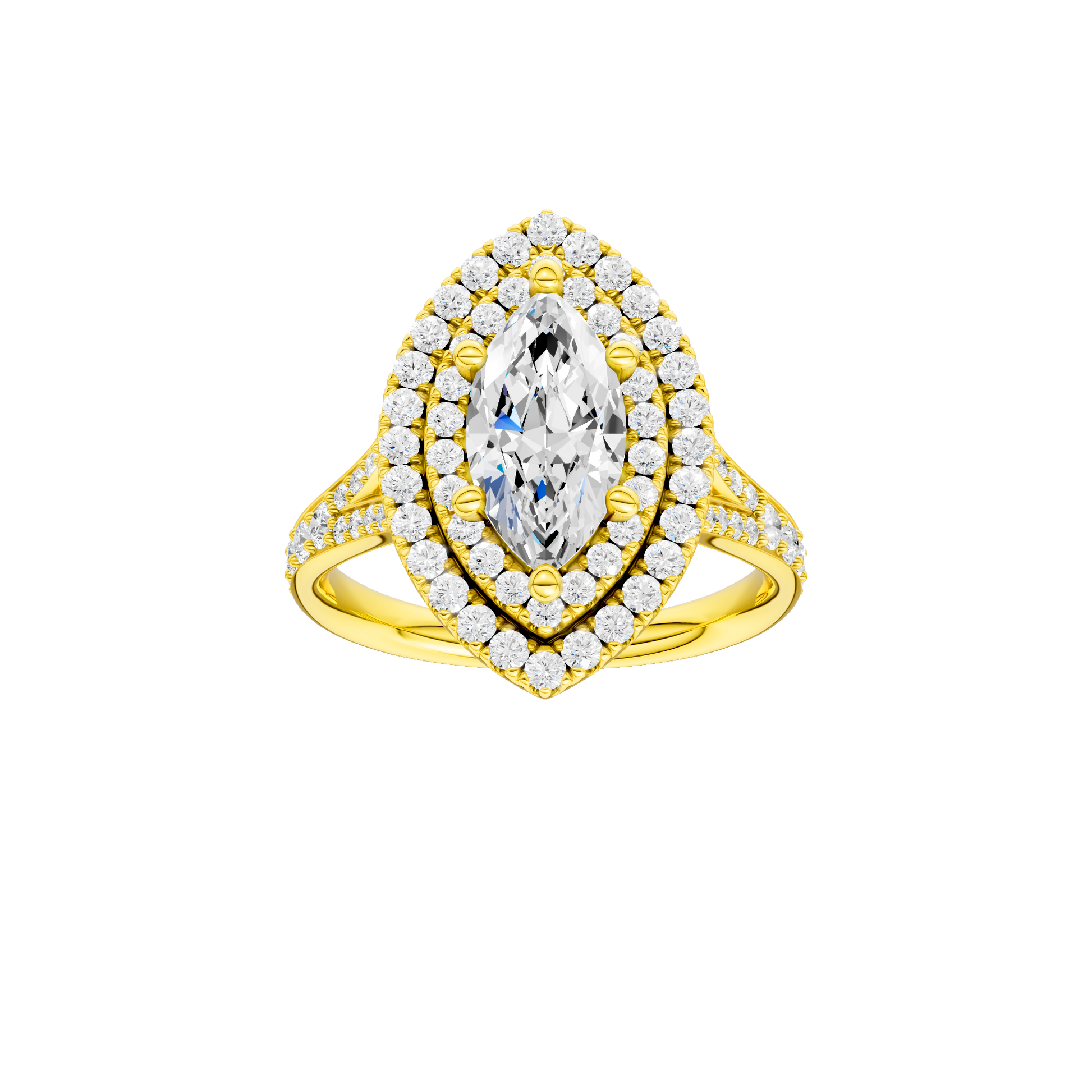 Marquise-cut diamond engagement ring with a channel-set diamond band and double-halo setting.