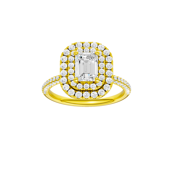 Emerald-cut diamond engagement ring with a pavé-set diamond band and double-halo setting.