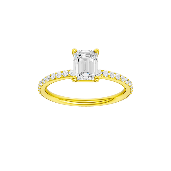 Emerald-cut diamond engagement ring with a prong-set diamond band and solitaire setting.