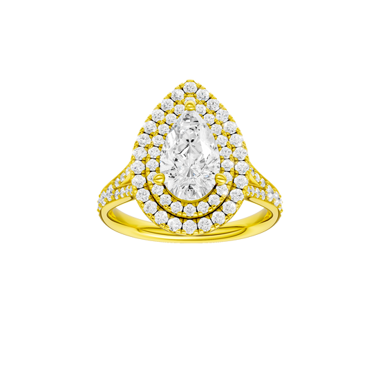 Pear-cut diamond engagement ring with a channel-set diamond band and double-halo setting.