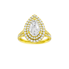 Pear-cut diamond engagement ring with a channel-set diamond band and double-halo setting.
