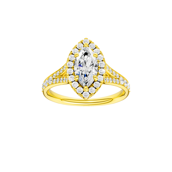 Marquise-cut diamond engagement ring with a channel-set diamond band and halo setting.