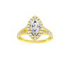 Marquise-cut diamond engagement ring with a channel-set diamond band and halo setting.