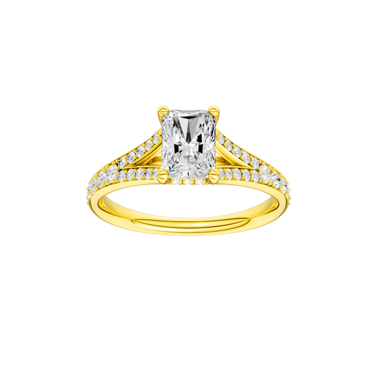 Radiant-cut diamond engagement ring with a channel-set diamond band and hidden-halo setting.