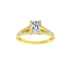 Radiant-cut diamond engagement ring with a channel-set diamond band and hidden-halo setting.