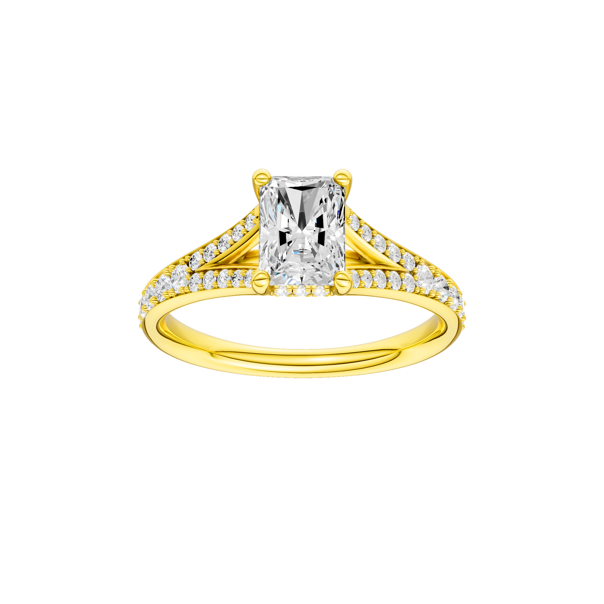 Radiant-cut diamond engagement ring with a channel-set diamond band and hidden-halo setting.