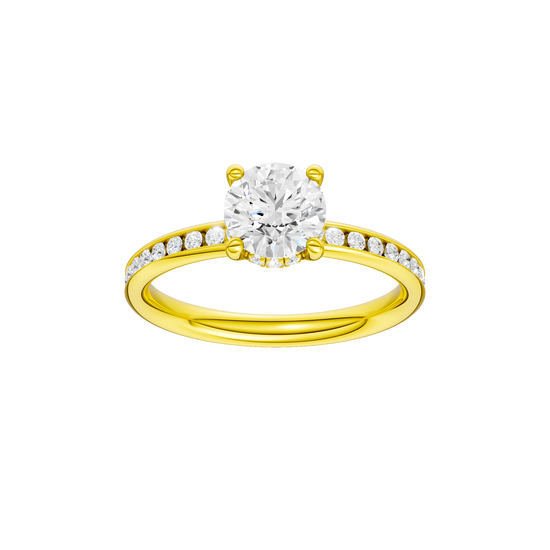Round-cut diamond engagement ring with a channel-set diamond band and hidden-halo setting.